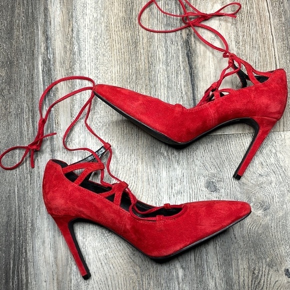 Jeffery Campbell Women’s Red Suede Brielle Lace Up Closed Toed Heels, size 8.5 - Picture 4 of 11